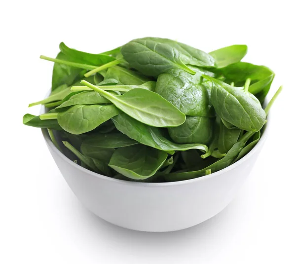 Spinach Leaves Bowl Isolated White — Stock Photo, Image