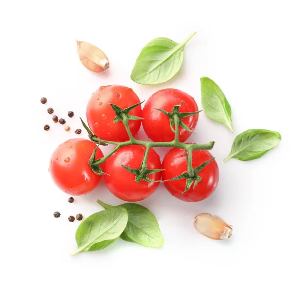 Rpe Red Cherry Tomatos Spices Isolated White Background Top View — Stock Photo, Image