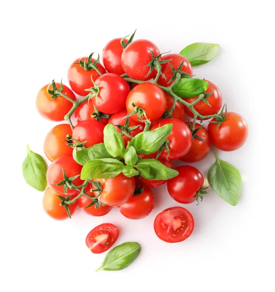 Group Ripe Red Cherry Tomatos Basil Isolated White Background Top — Stock Photo, Image