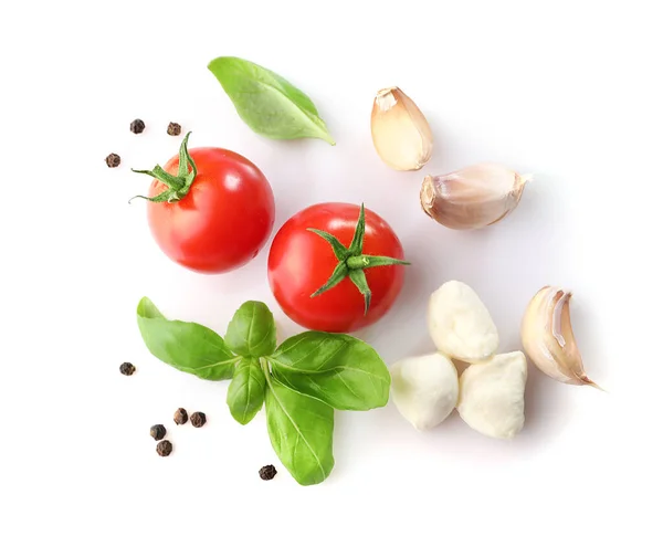 Ripe Red Cherry Tomatos Mozzarella Isolated White Background Top View — Stock Photo, Image