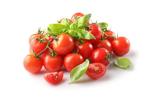 Group Ripe Red Cherry Tomatos Basil Isolated White Background — Stock Photo, Image
