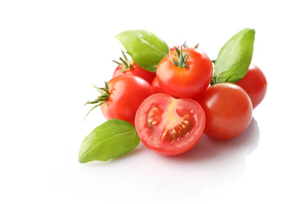 Ripe Red Cherry Tomatos Basil Isolated White Background — Stock Photo, Image