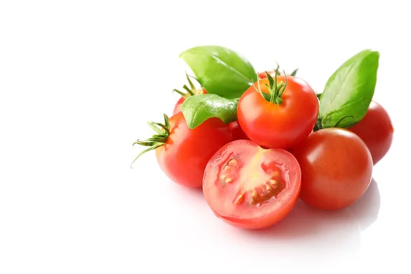 Ripe Red Cherry Tomatos Basil Isolated White Background — Stock Photo, Image