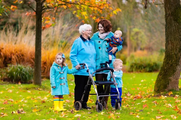 Senior dam med rullator njuter familj besök — Stockfoto