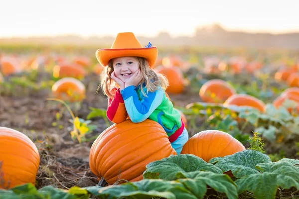 Kind spelen op pompoen patch — Stockfoto