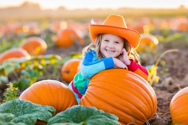 Barn leker på pumpkin patch — Stockfoto