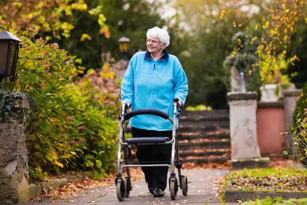 Senior senhora com um caminhante no parque de outono — Fotografia de Stock