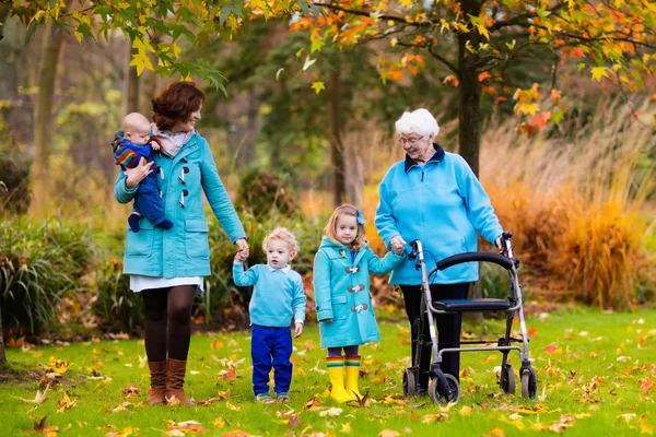 Signora anziana con walker godendo visita della famiglia — Foto Stock