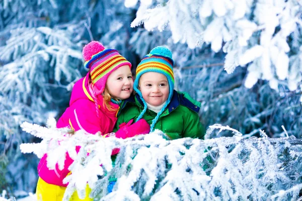 Kids playing in snowy forest