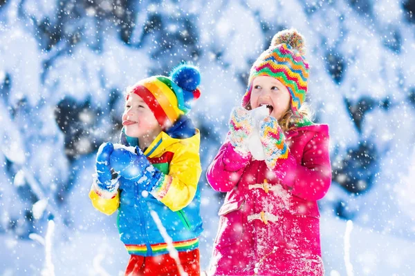Crianças se divertindo no parque de inverno nevado — Fotografia de Stock