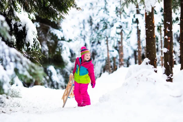 Niño jugando en la nieve en trineo en el parque de invierno — Foto de Stock