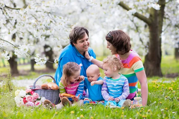 Family with children enjoying picnic in spring park — Stock Photo, Image