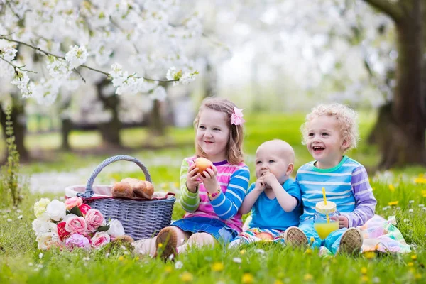 Barnen ha picknick i blommande trädgård — Stockfoto