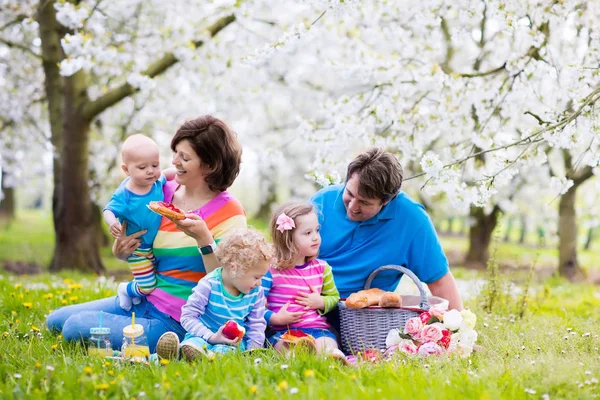 Familia con niños disfrutando de un picnic en el parque de primavera —  Fotos de Stock