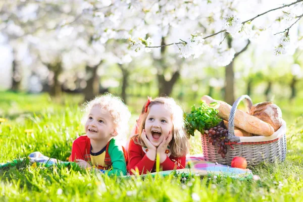 Niños haciendo picnic en el jardín floreciente —  Fotos de Stock