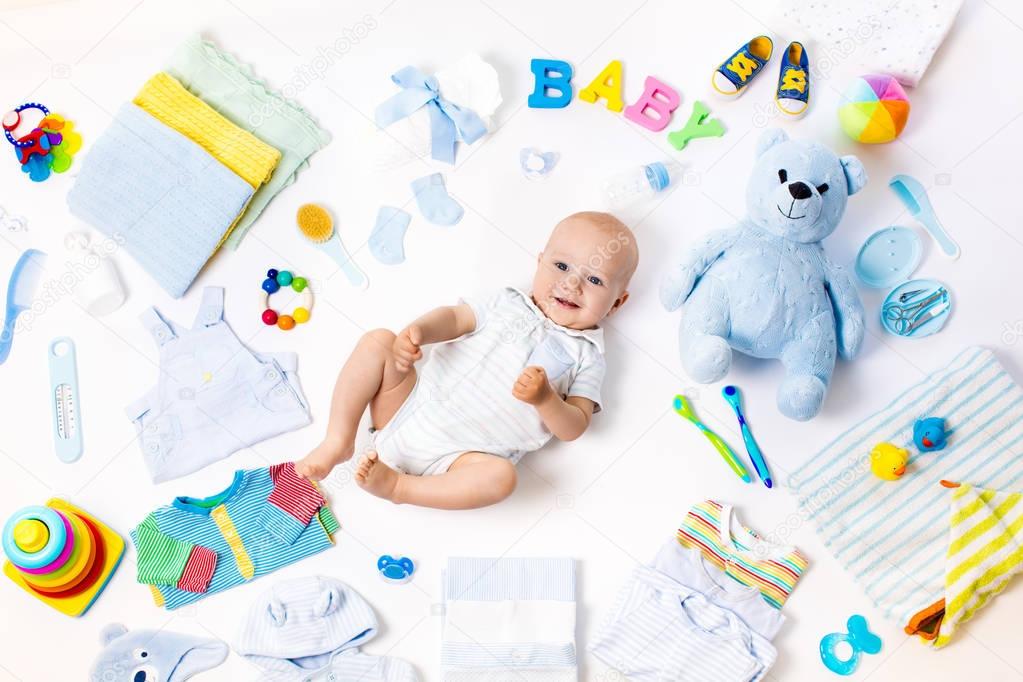 Baby with clothing and infant care items