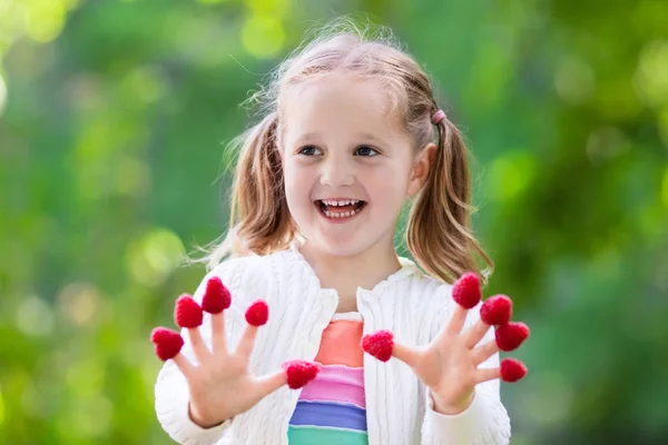 Child picking and eating raspberry in summer — Stock Photo, Image