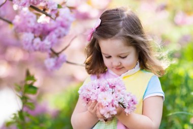 Kiraz çiçeği ile küçük kız