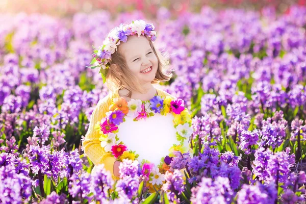 Klein meisje in hyacinten veld — Stockfoto