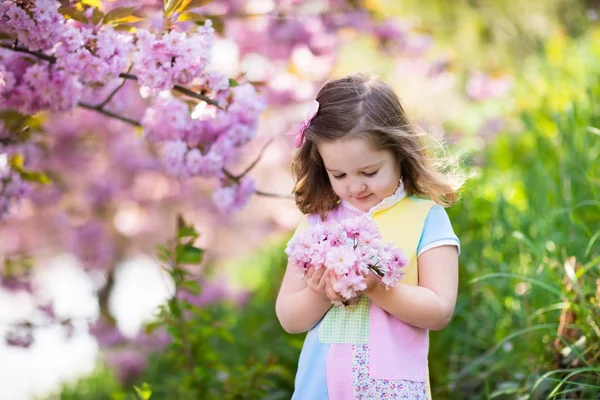 Liten flicka med körsbärsblommor — Stockfoto