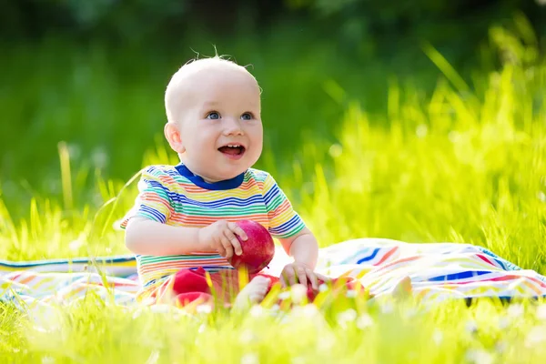 Chłopczyk z apple na piknik Rodzinny ogród — Zdjęcie stockowe