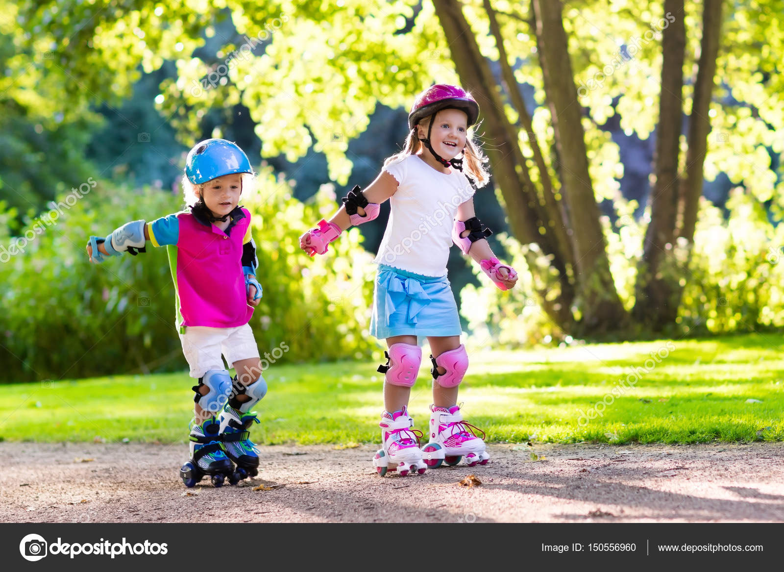 Kids roller skating in summer park ⬇ Stock Photo, Image by © FamVeldman 150556960