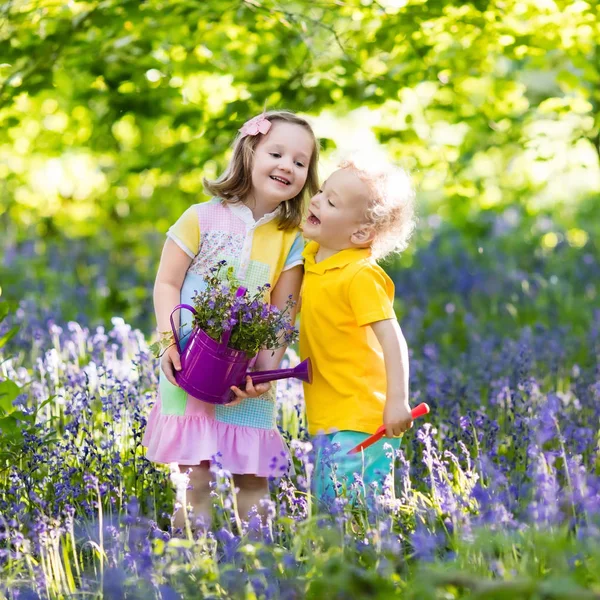 Děti hrají v kvetoucí zahradě květinami bluebell — Stock fotografie