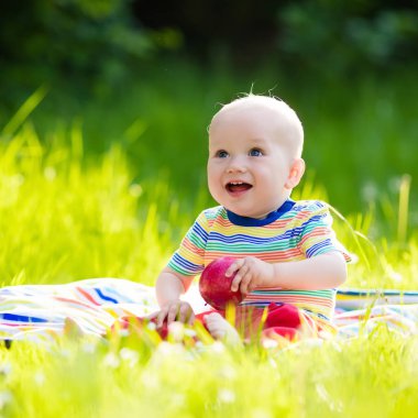 Aile Bahçe piknik üzerinde apple ile erkek bebek