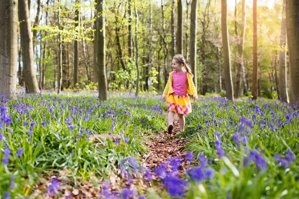 Dziecko z bluebell kwiaty w lesie wiosna — Zdjęcie stockowe