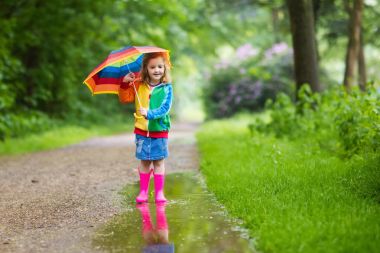 Şemsiye ile yağmurda oynayan çocuk