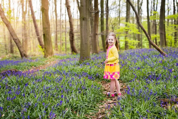 Kind met bluebell bloemen in voorjaar bos — Stockfoto