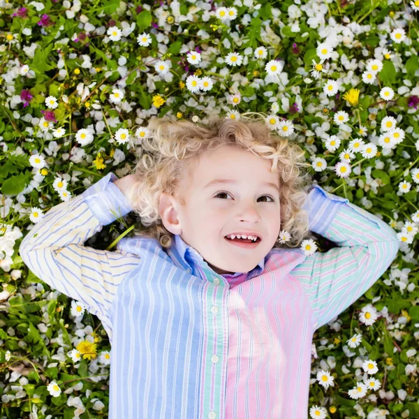 Niño en césped de hierba verde con flores de verano —  Fotos de Stock