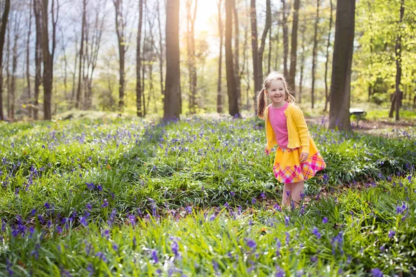Child with bluebell flowers in spring forest — Stock Photo, Image