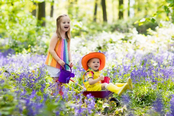 Kids with bluebell flowers, garden tools — Stock Photo, Image