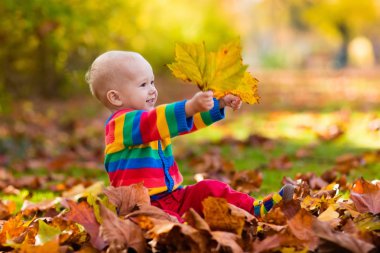 Çocuk sonbahar Park. Çocuk ile sonbahar yaprakları.