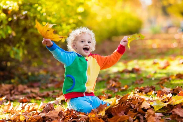 Niño en el parque de otoño. Niño con hojas de otoño . — Foto de Stock