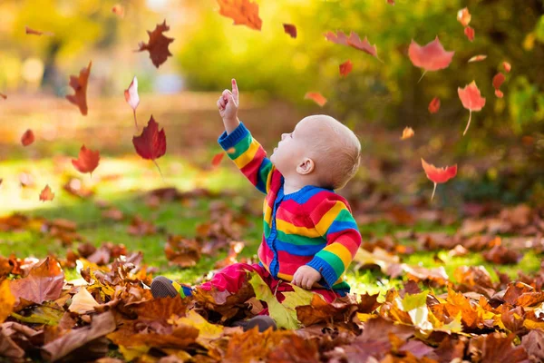 Barn i efterårsparken. Kid med efterårsblade . - Stock-foto