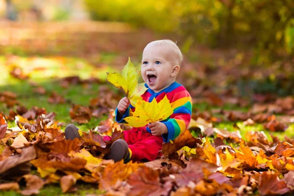 Kind im Fallpark. Kind mit Herbstblättern. — Stockfoto