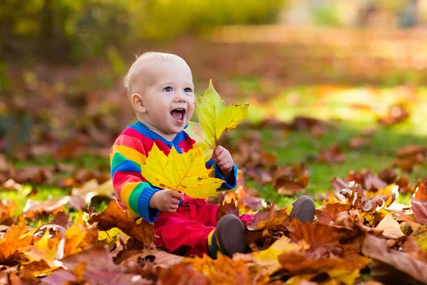 Kind im Fallpark. Kind mit Herbstblättern. — Stockfoto