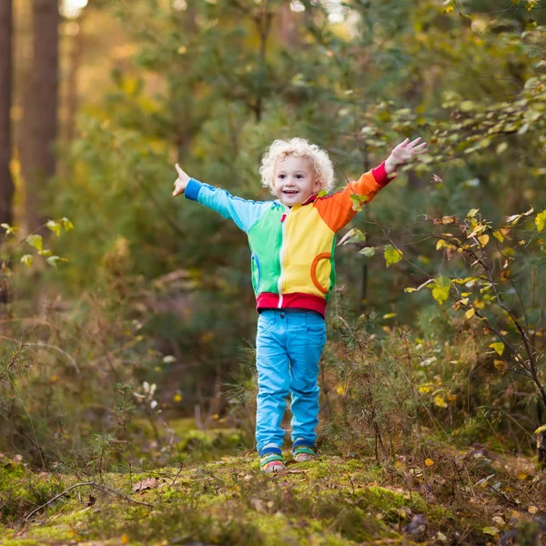 Kind im Fallpark. Kind mit Herbstblättern. — Stockfoto