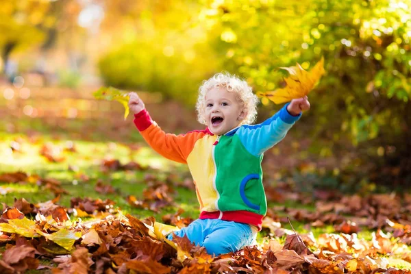 Niño en el parque de otoño. Niño con hojas de otoño . — Foto de Stock