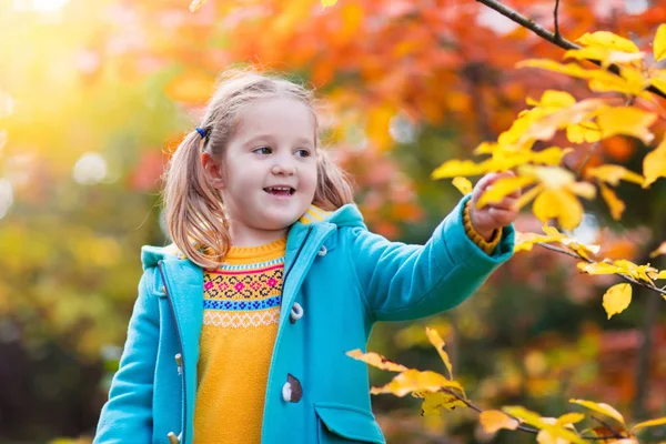 Kind in Val park. Kind met herfst bladeren. — Stockfoto