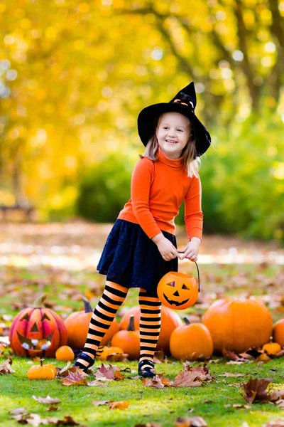 Malá dívka v kostýmu čarodějnice na Halloween trik nebo dárek — Stock fotografie