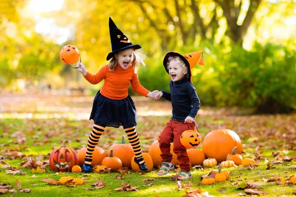 Дети с тыквами в костюмах на Хэллоуин — стоковое фото