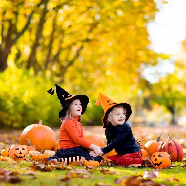 Niños con calabazas en disfraces de Halloween — Foto de Stock