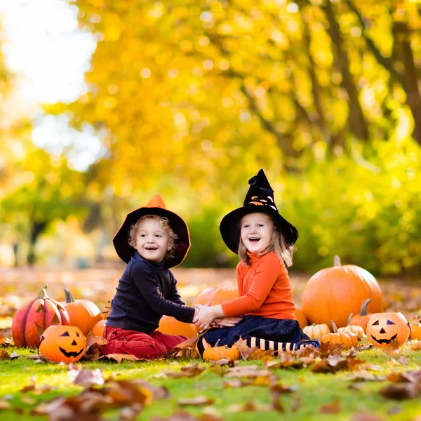 Bambini con zucche in costume di Halloween — Foto Stock