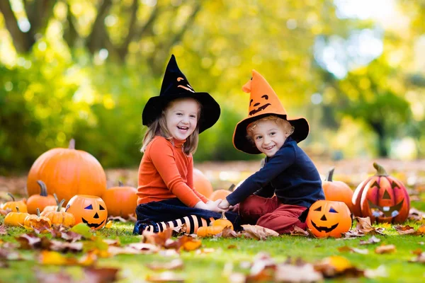 Crianças com abóboras em trajes de Halloween — Fotografia de Stock