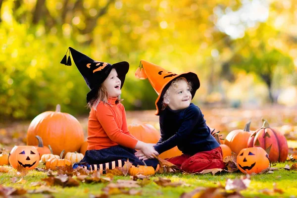 Kids with pumpkins in Halloween costumes — Stock Photo, Image