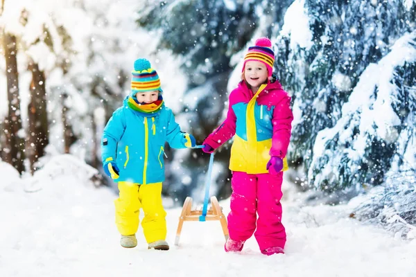 I bambini giocano sulla neve sulla slitta nel parco invernale — Foto Stock