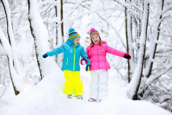 Karda oynayan çocuklar. Çocuklar açık havada kış kar yağışı oynamak.